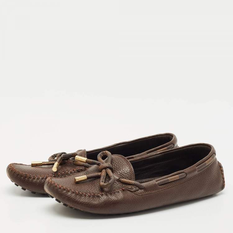 Pre Owned Louis Vuitton Brown Damier Ebene Canvas and Leather Arizona Bow Loafers Size 38.5