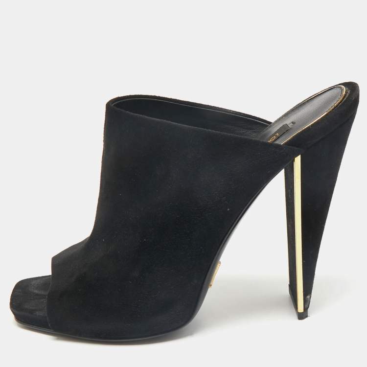 Pre Owned Louis Vuitton Black Suede Block Heel Mules Size 38