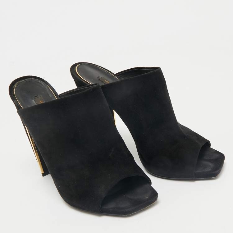 Pre Owned Louis Vuitton Black Suede Block Heel Mules Size 38