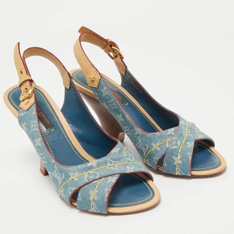 Pre Owned Louis Vuitton Blue Denim and Leather Slingback Sandals Size 36