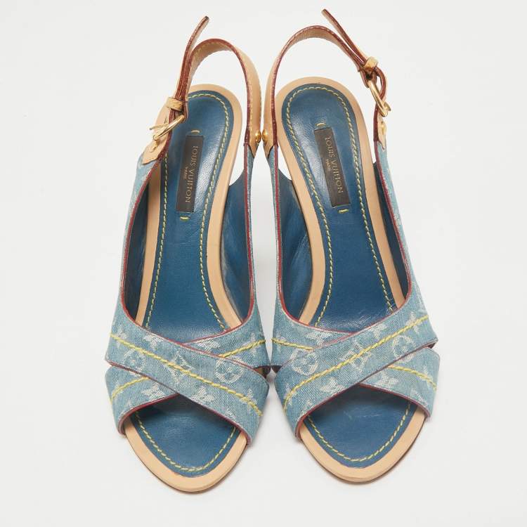 Pre Owned Louis Vuitton Blue Denim and Leather Slingback Sandals Size 36