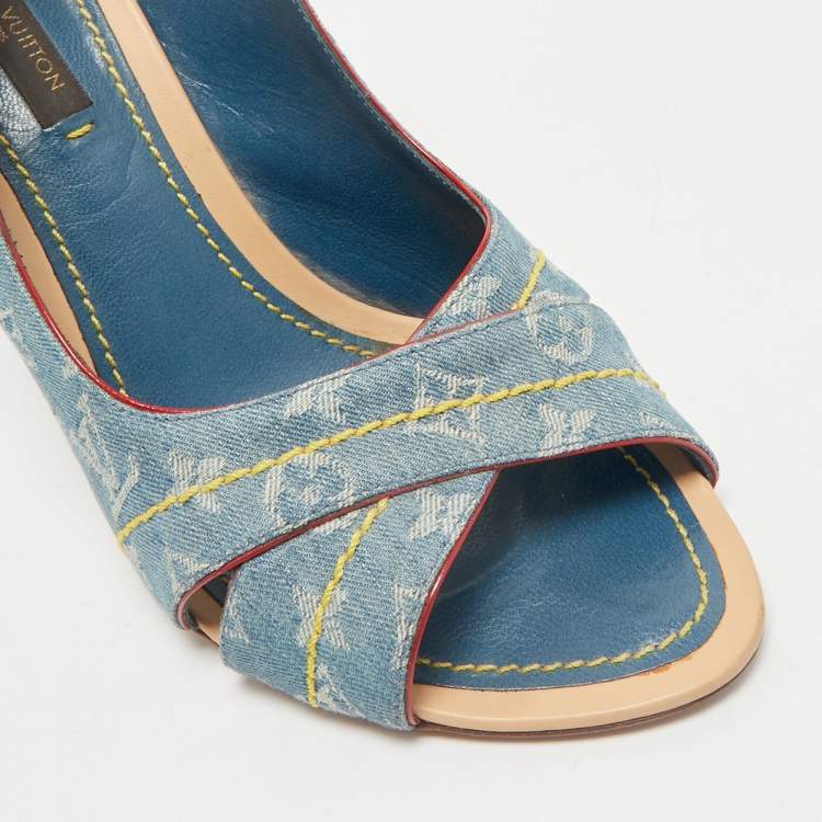 Pre Owned Louis Vuitton Blue Denim and Leather Slingback Sandals Size 36