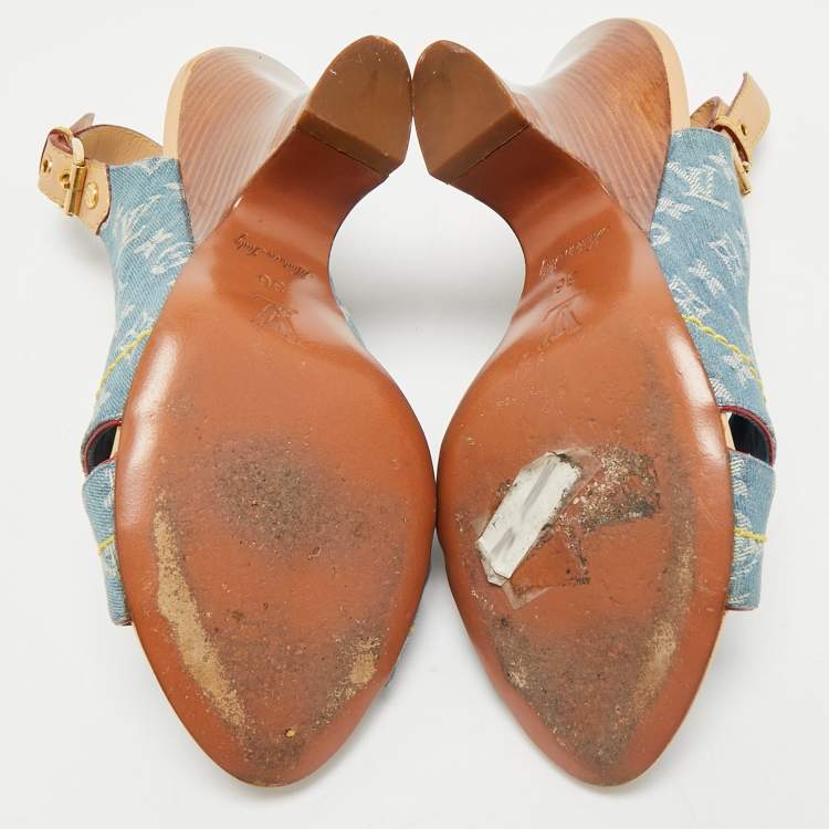 Pre Owned Louis Vuitton Blue Denim and Leather Slingback Sandals Size 36