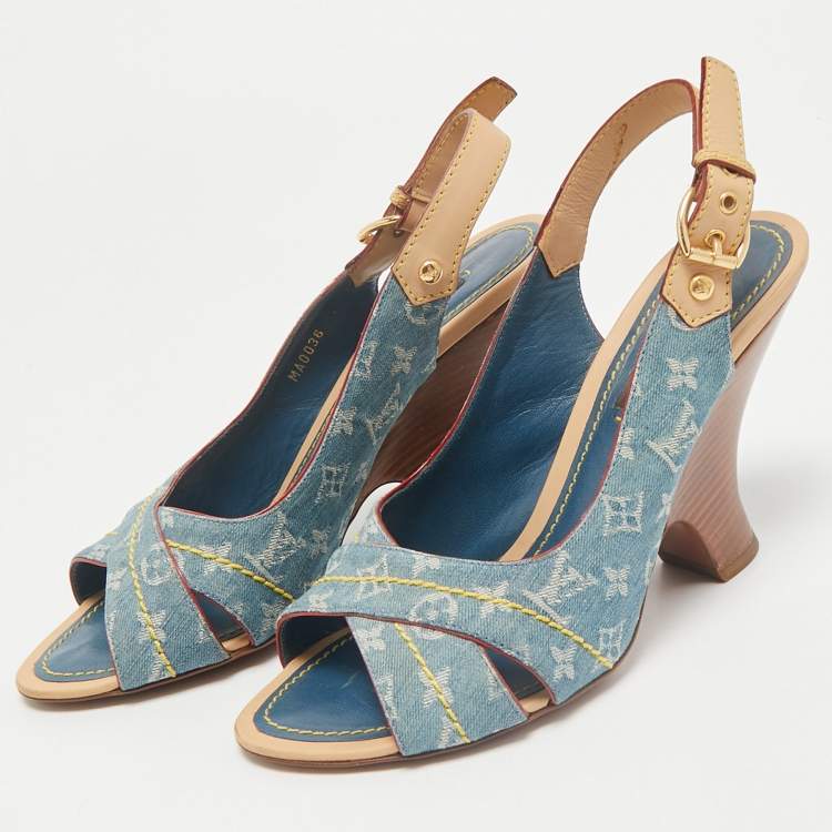 Pre Owned Louis Vuitton Blue Denim and Leather Slingback Sandals Size 36