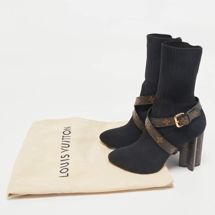 Pre Owned Louis Vuitton Black/Brown Knit Fabric And Monogram Canvas Ankle Boots Size 39 