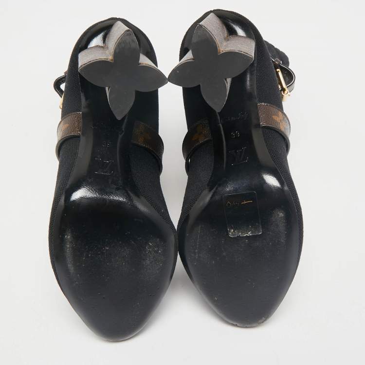 Pre Owned Louis Vuitton Black/Brown Knit Fabric And Monogram Canvas Ankle Boots Size 39 