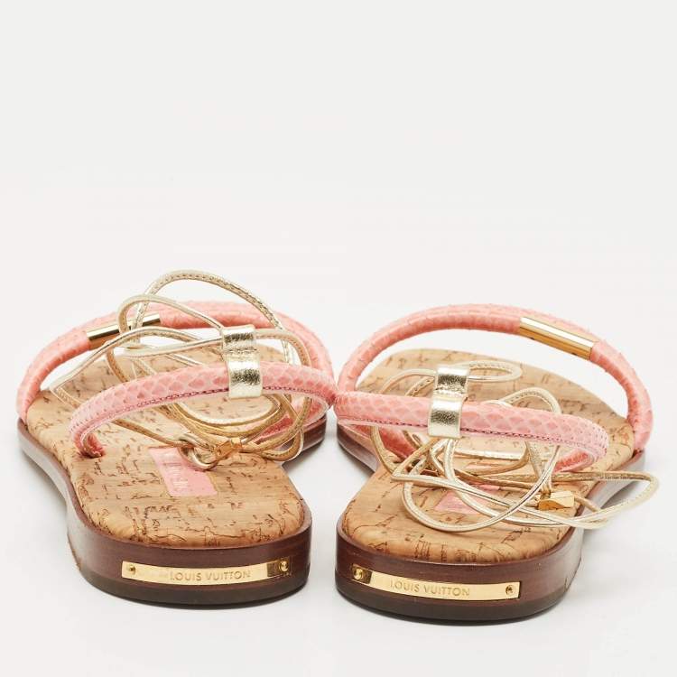 Pre Owned Louis Vuitton Pink Snakeskin Sunseeker Flat Sandals Size 35.5