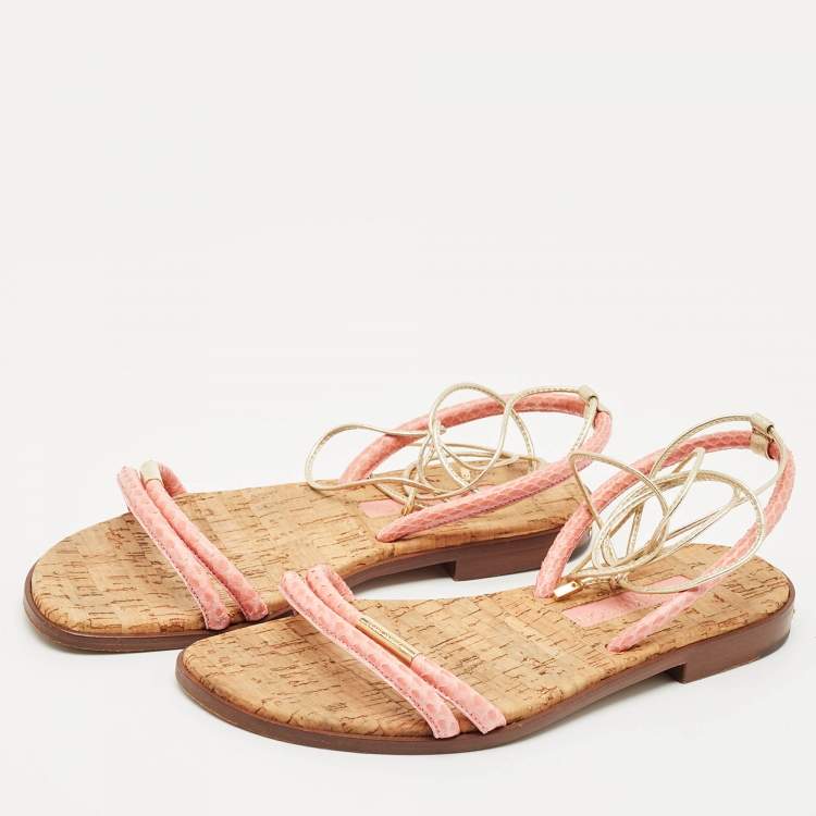 Pre Owned Louis Vuitton Pink Snakeskin Sunseeker Flat Sandals Size 35.5