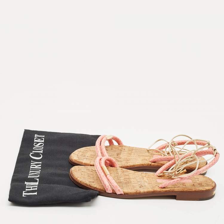 Pre Owned Louis Vuitton Pink Snakeskin Sunseeker Flat Sandals Size 35.5