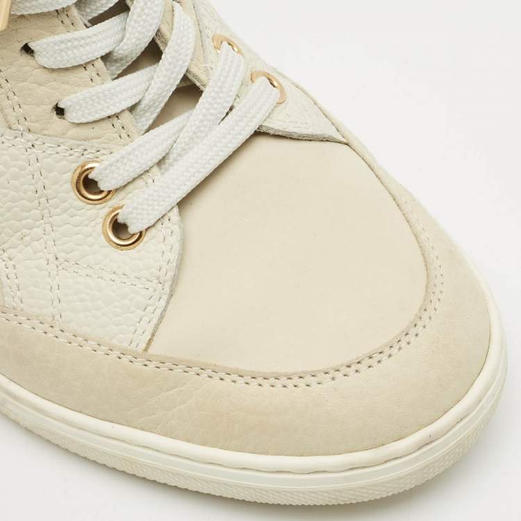Pre Owned Louis Vuitton Beige Monogram Suede and Leather Millennium Wedge Sneakers Size 37