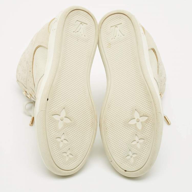 Pre Owned Louis Vuitton Beige Monogram Suede and Leather Millennium Wedge Sneakers Size 37