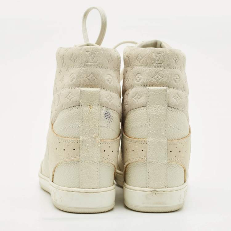 Pre Owned Louis Vuitton Beige Monogram Suede and Leather Millennium Wedge Sneakers Size 37