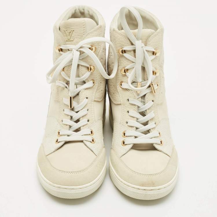 Pre Owned Louis Vuitton Beige Monogram Suede and Leather Millennium Wedge Sneakers Size 37
