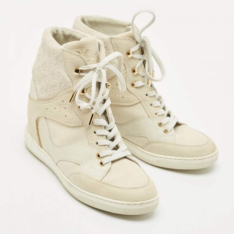 Pre Owned Louis Vuitton Beige Monogram Suede and Leather Millennium Wedge Sneakers Size 37