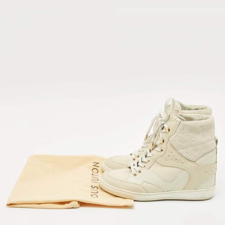 Pre Owned Louis Vuitton Beige Monogram Suede and Leather Millennium Wedge Sneakers Size 37