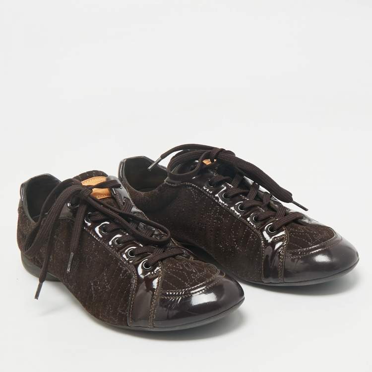 Pre Owned Louis Vuitton Dark Brown Suede and Patent Leather Low Top Sneakers Size 39