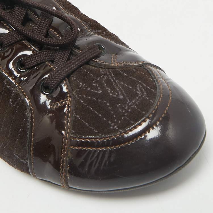 Pre Owned Louis Vuitton Dark Brown Suede and Patent Leather Low Top Sneakers Size 39