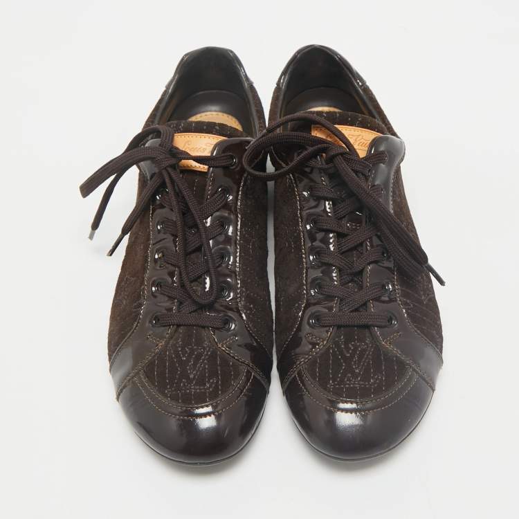 Pre Owned Louis Vuitton Dark Brown Suede and Patent Leather Low Top Sneakers Size 39