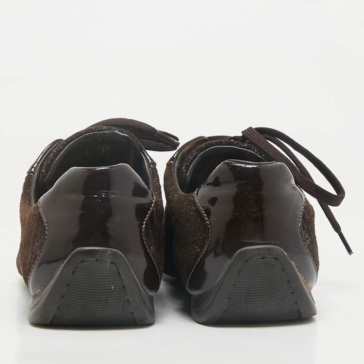 Pre Owned Louis Vuitton Dark Brown Suede and Patent Leather Low Top Sneakers Size 39