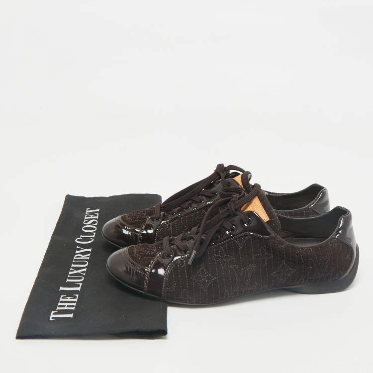 Pre Owned Louis Vuitton Dark Brown Suede and Patent Leather Low Top Sneakers Size 39