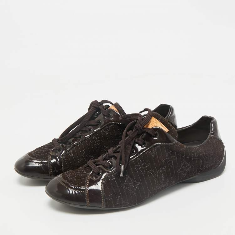 Pre Owned Louis Vuitton Dark Brown Suede and Patent Leather Low Top Sneakers Size 39