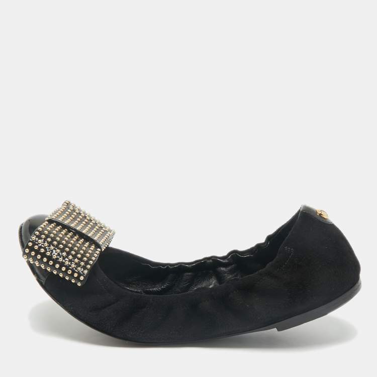 Pre Owned Louis Vuitton Black Suede and Patent Leather Mimi Studded Bow Scrunch Ballet Flats Size 37