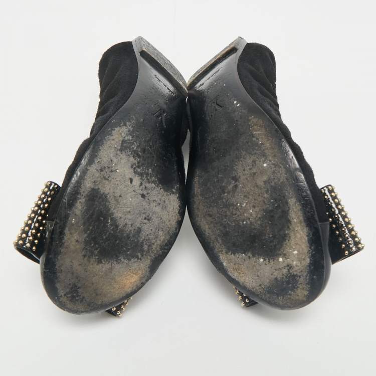 Pre Owned Louis Vuitton Black Suede and Patent Leather Mimi Studded Bow Scrunch Ballet Flats Size 37