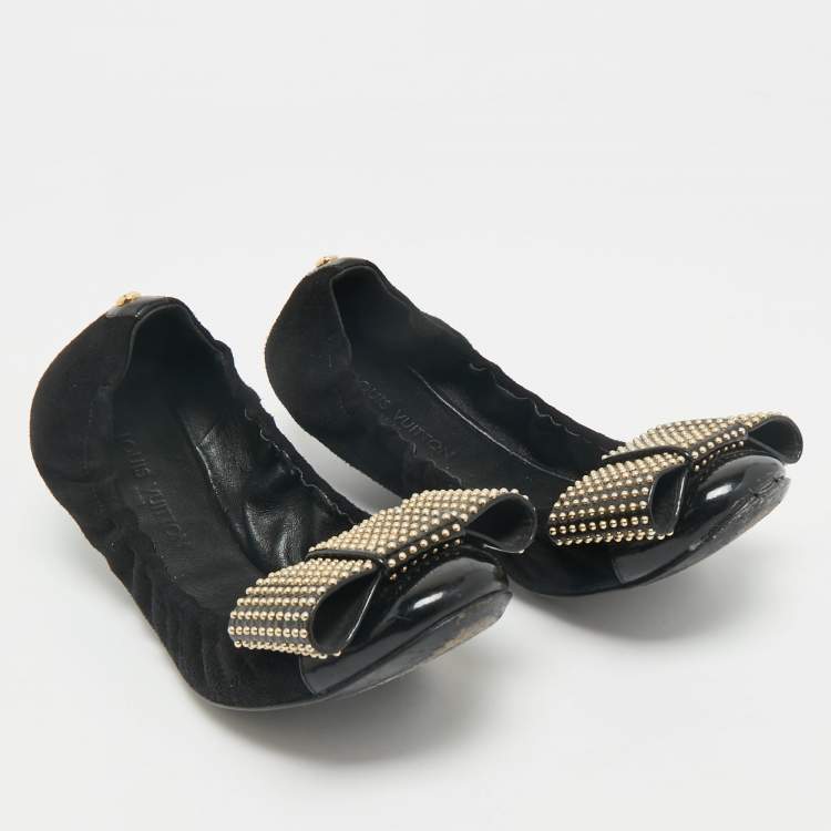 Pre Owned Louis Vuitton Black Suede and Patent Leather Mimi Studded Bow Scrunch Ballet Flats Size 37