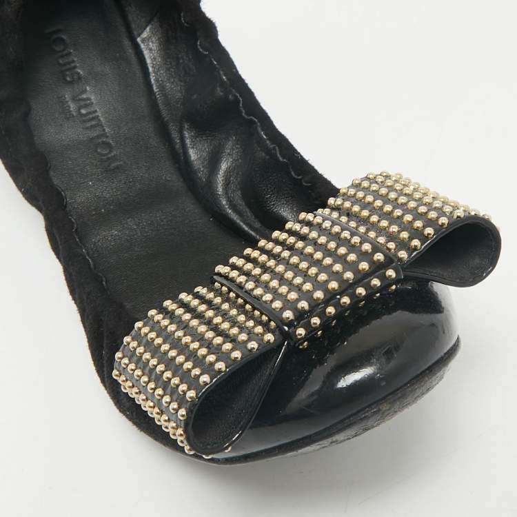 Pre Owned Louis Vuitton Black Suede and Patent Leather Mimi Studded Bow Scrunch Ballet Flats Size 37