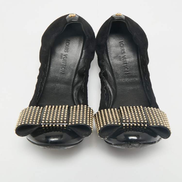 Pre Owned Louis Vuitton Black Suede and Patent Leather Mimi Studded Bow Scrunch Ballet Flats Size 37