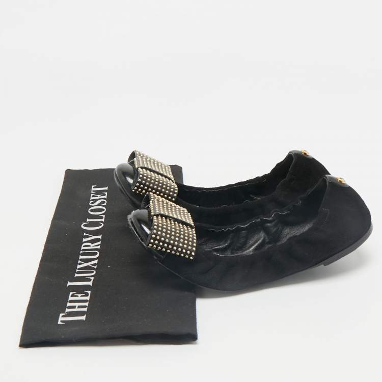 Pre Owned Louis Vuitton Black Suede and Patent Leather Mimi Studded Bow Scrunch Ballet Flats Size 37