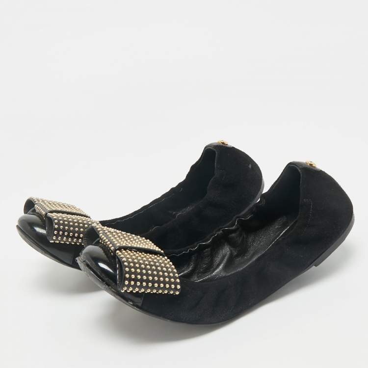 Pre Owned Louis Vuitton Black Suede and Patent Leather Mimi Studded Bow Scrunch Ballet Flats Size 37