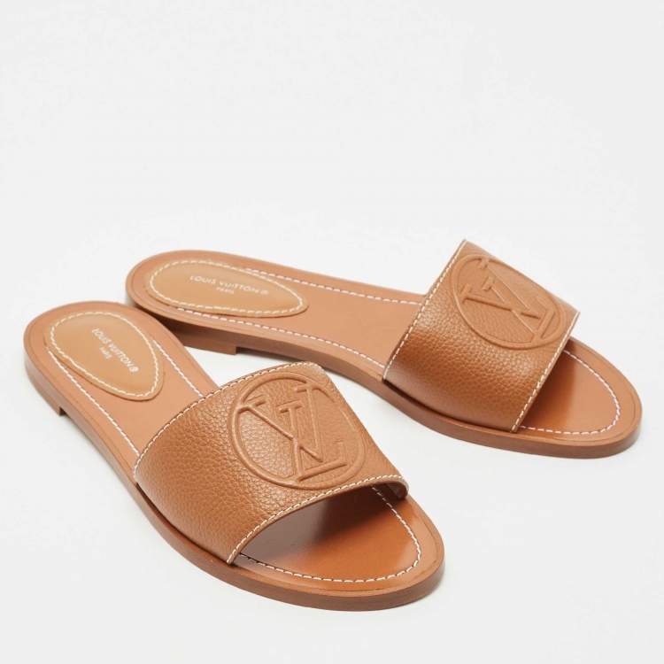 Pre Owned Louis Vuitton Brown Leather Lock It Flat Slides Size 37