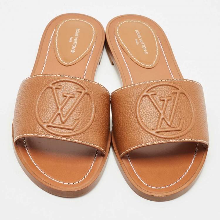 Pre Owned Louis Vuitton Brown Leather Lock It Flat Slides Size 37