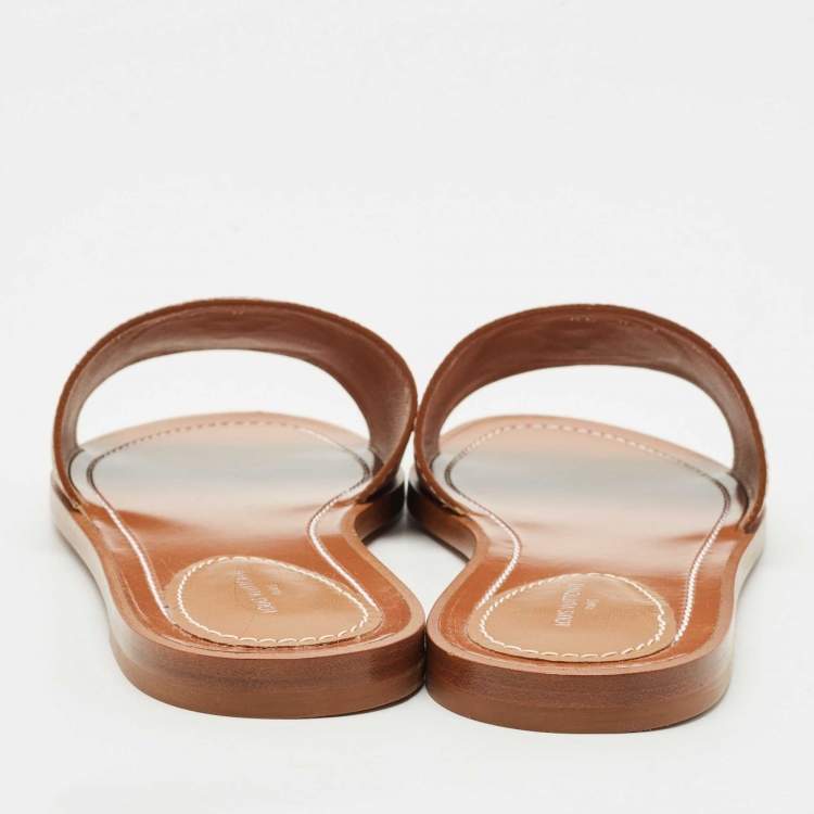 Pre Owned Louis Vuitton Brown Leather Lock It Flat Slides Size 37