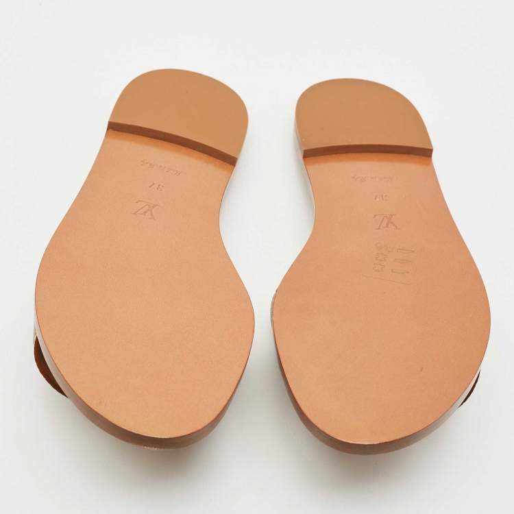 Pre Owned Louis Vuitton Brown Leather Lock It Flat Slides Size 37