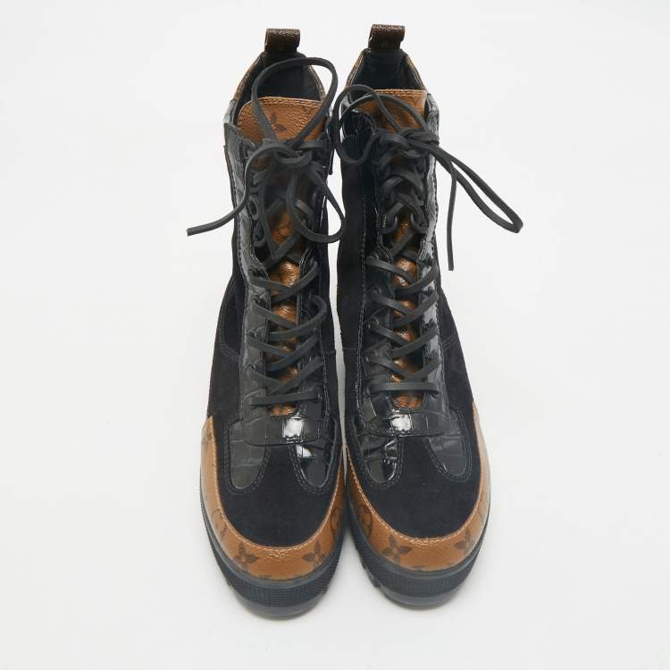 Pre Owned Louis Vuitton Black Suede and Monogram Canvas Laureate Desert Boots Size 39