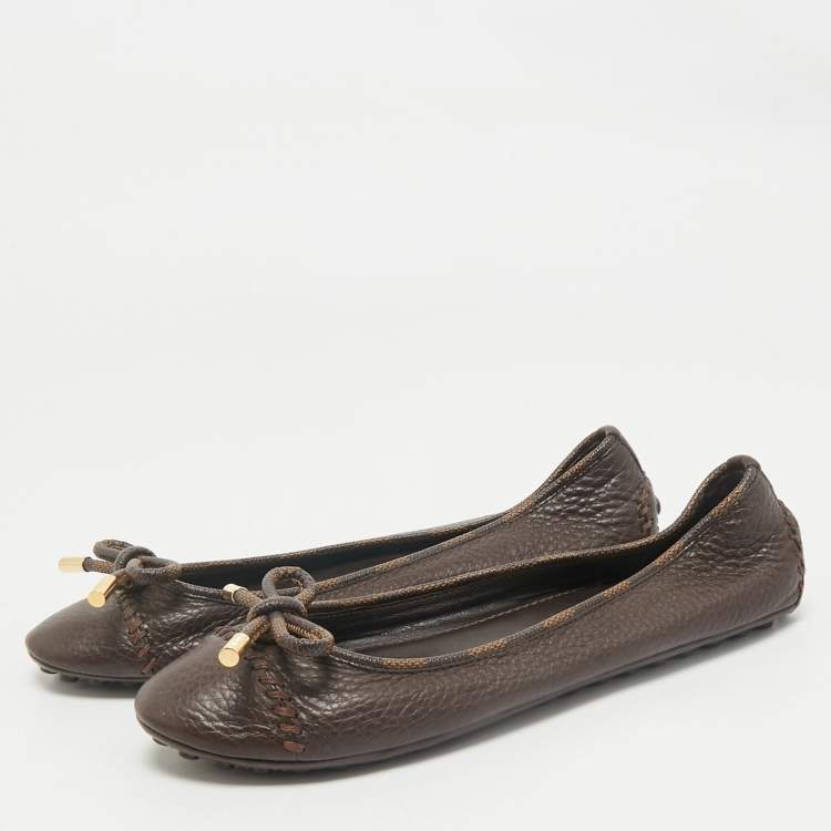 مملوكة مسبقًا Louis Vuitton Brown Leather And Damier Ebene Canvas Bow Ballet Flats Size 39