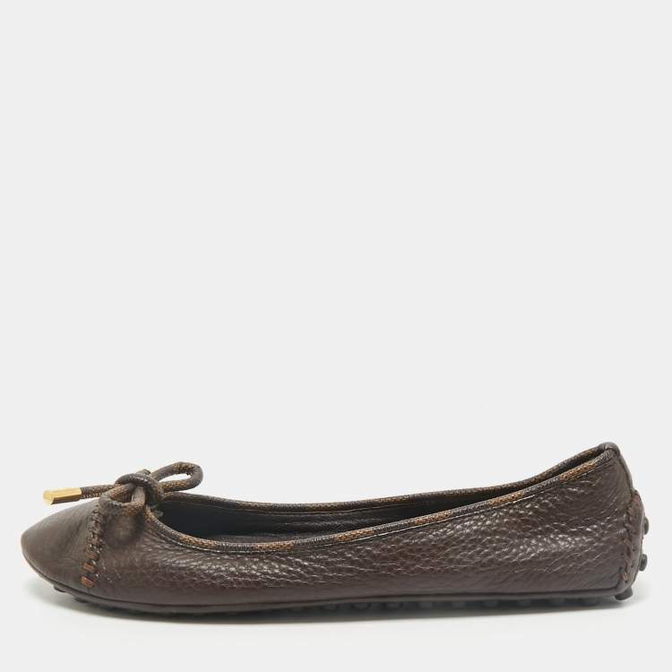 مملوكة مسبقًا Louis Vuitton Brown Leather And Damier Ebene Canvas Bow Ballet Flats Size 39