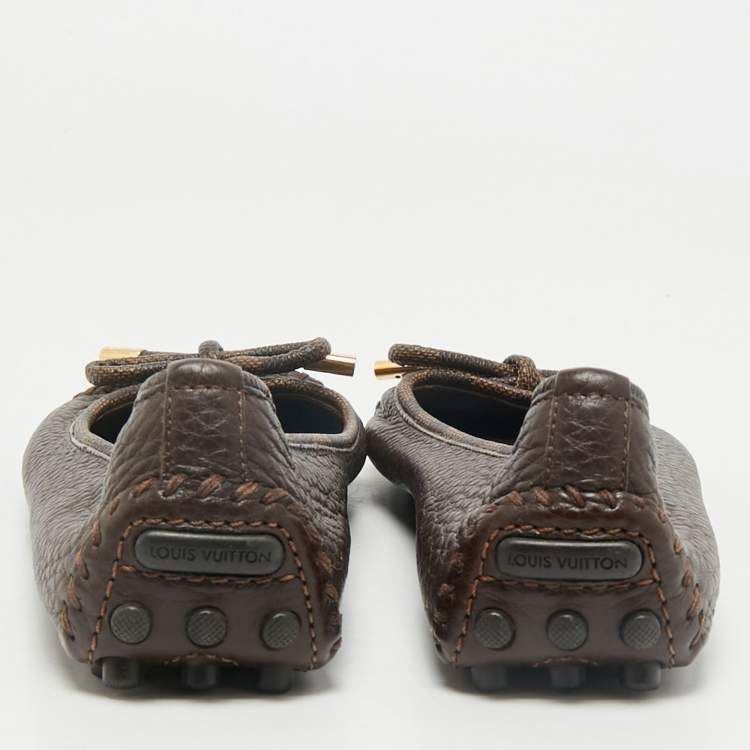 مملوكة مسبقًا Louis Vuitton Brown Leather And Damier Ebene Canvas Bow Ballet Flats Size 39