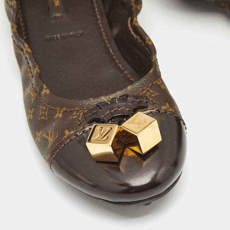 Pre Owned Louis Vuitton Brown Coated Canvas and Patent Leather Lovely Ballet Flats Size 38