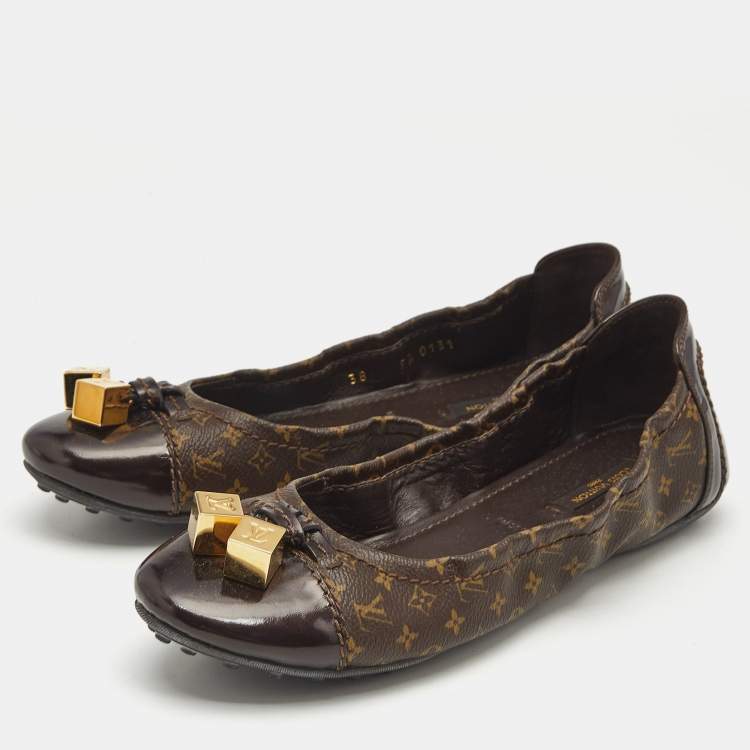 Pre Owned Louis Vuitton Brown Coated Canvas and Patent Leather Lovely Ballet Flats Size 38