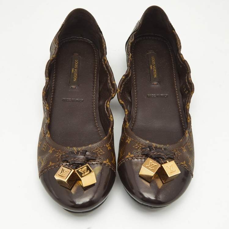 Pre Owned Louis Vuitton Brown Coated Canvas and Patent Leather Lovely Ballet Flats Size 38