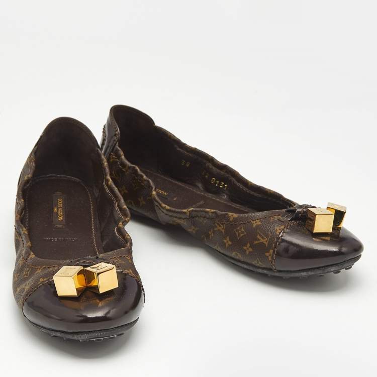 Pre Owned Louis Vuitton Brown Coated Canvas and Patent Leather Lovely Ballet Flats Size 38