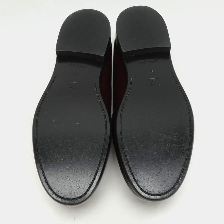 Pre Owned Louis Vuitton Burgundy Leather and Monogram Canvas Academy Loafers Size 38