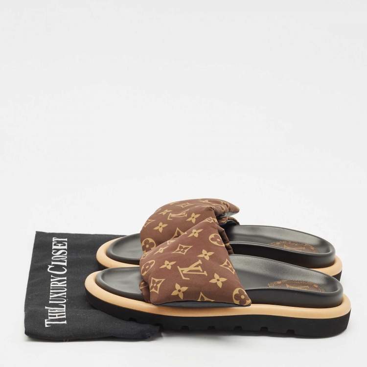 Pre Owned Louis Vuitton Brown Monogram Nylon Pool Pillow Comfort Flat Slide Sandals Size 39