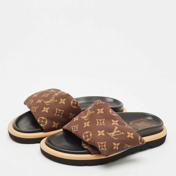 Pre Owned Louis Vuitton Brown Monogram Nylon Pool Pillow Comfort Flat Slide Sandals Size 39
