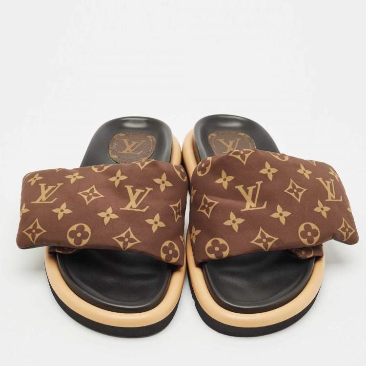 Pre Owned Louis Vuitton Brown Monogram Nylon Pool Pillow Comfort Flat Slide Sandals Size 39