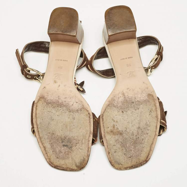 Pre Owned Louis Vuitton Brown Suede T-Strap Sandals Size 39
