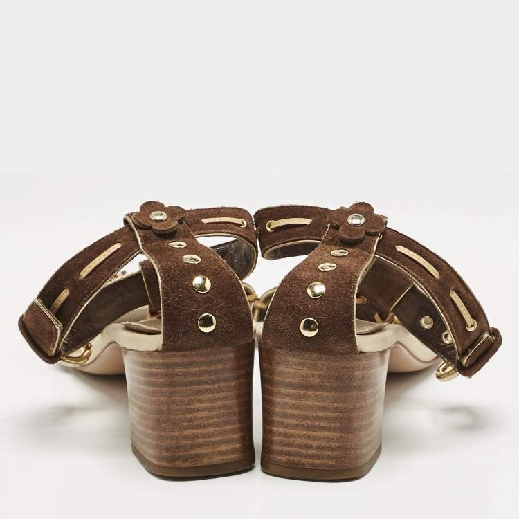 Pre Owned Louis Vuitton Brown Suede T-Strap Sandals Size 39